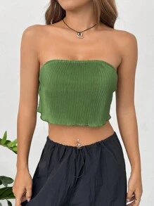 SHEIN EZwear 木耳邊短款抹胸上衣 - 綠色 - 查看 1