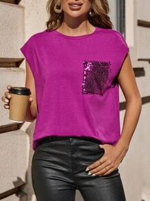 SHEIN Clasi Contrast Sequin Batwing Sleeve Tee - Purple - View 1