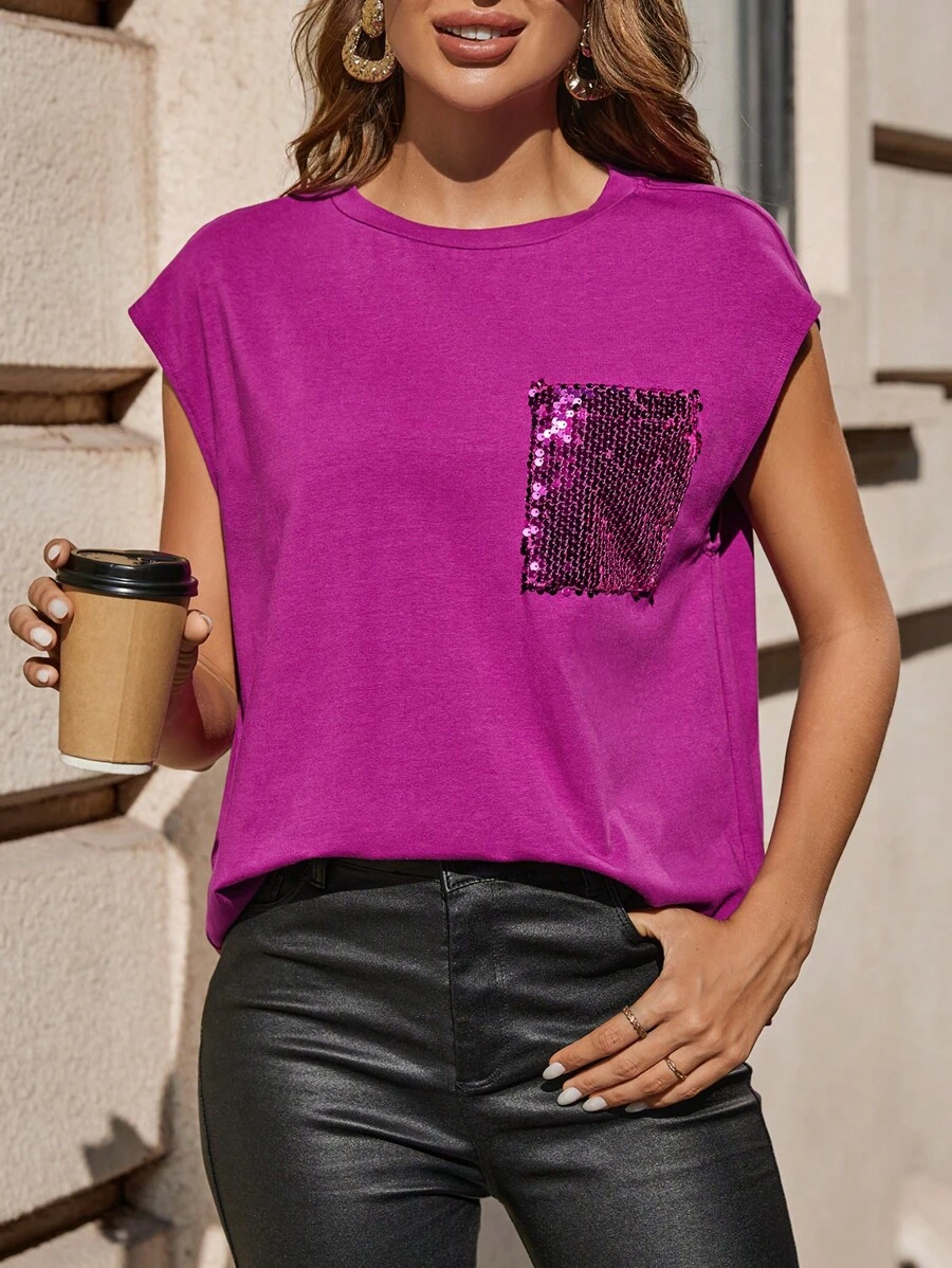 SHEIN Clasi Contrast Sequin Batwing Sleeve Tee - Purple - View 1