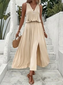 SHEIN LUNE Đầm Túi Nhẫn Dây kéo Tách cao màu trơn Giải trí - Màu be - Xem 3