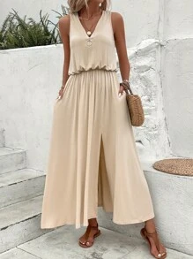 SHEIN LUNE Đầm Túi Nhẫn Dây kéo Tách cao màu trơn Giải trí - Màu be - Xem 4