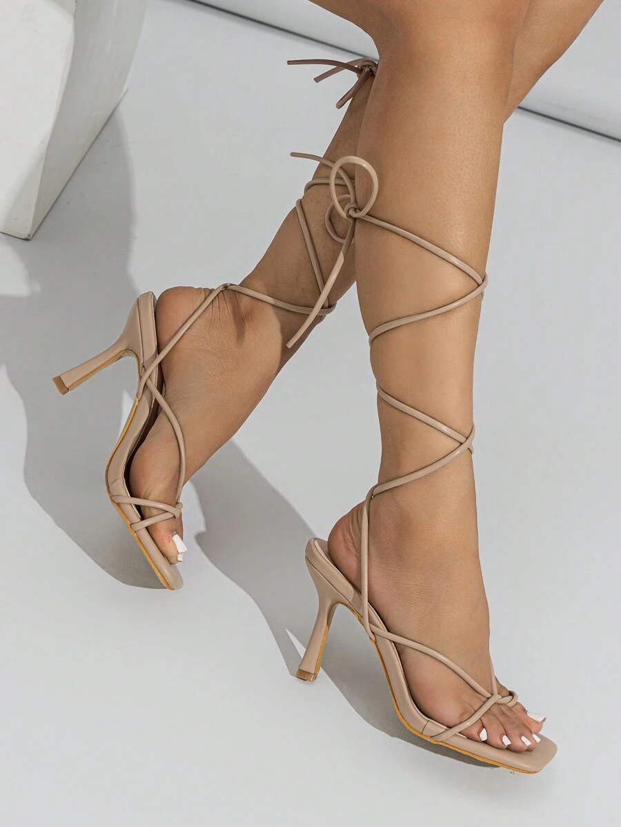 Sandalias de tacón alto delgado con tiras de tobillo en color albaricoque para mujer, para primavera/verano - Albaricoque - Ver 1