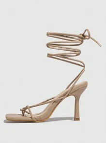 Sandalias de tacón alto delgado con tiras de tobillo en color albaricoque para mujer, para primavera/verano - Albaricoque - Ver 3