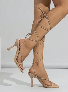 Sandalias de tacón alto delgado con tiras de tobillo en color albaricoque para mujer, para primavera/verano - Albaricoque - Ver 4