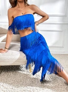 SHEIN Privé Fringe Trim Tube Top & Skirt - Royal Blue - View 2