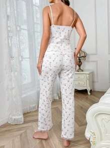 碎花蕾絲邊吊帶上衣和褲子睡衣套裝 - 白色 - 查看 2