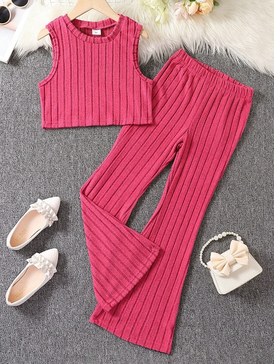 SHEIN Girls Solid Tank Top & Flare Leg Trousers - Hot Pink - View 1