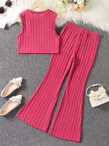 SHEIN Girls Solid Tank Top & Flare Leg Trousers - Hot Pink - View 2
