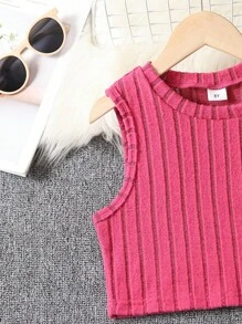 SHEIN Girls Solid Tank Top & Flare Leg Trousers - Hot Pink - View 4