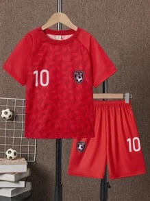 SHEIN Tween Boy Letter Graphic Raglan Sleeve Tee & Shorts Set - Red - View 6