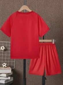 SHEIN Tween Boy Letter Graphic Raglan Sleeve Tee & Shorts Set - Red - View 2
