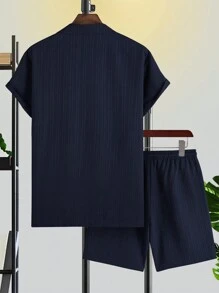 Manfinity RSRT Men Solid Button Up Shirt & Plain Shorts, Men's 2 Piece Outfits Blue, Men Navy Blue 2 Piece Set - Navy Blue - View 2