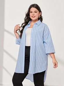 Mulvari 大碼條紋印花落肩袖高低下擺襯衫 - 淺藍色 - 查看 1