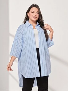 Mulvari 大碼條紋印花落肩袖高低下擺襯衫 - 淺藍色 - 查看 3