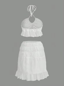 GENKIRA 素色荷葉邊掛脖上衣和褶邊荷葉邊半身裙 - 白色 - 查看 2