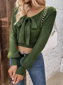 SHEIN Essnce 前繫帶短款毛衣 - 軍綠色 - 查看 1