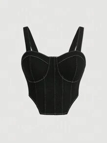 SHEIN ICON 大碼頂針不對稱下擺牛仔寬背帶上衣 - 黑色 - 查看 1