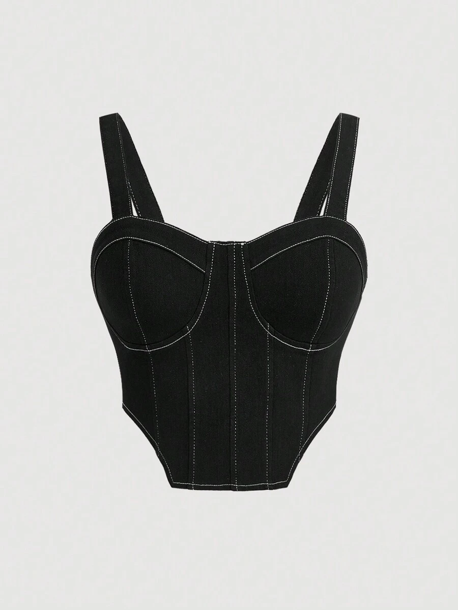 SHEIN ICON 大碼頂針不對稱下擺牛仔寬背帶上衣 - 黑色 - 查看 1