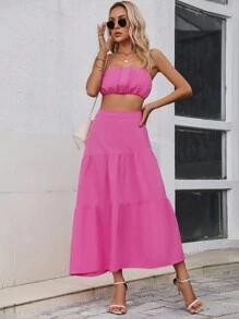 SHEIN VCAY Bộ đồ hai mảnh nữ Viên lá sen Dải chun màu trơn Boho - Màu Hồng Tươi - Xem 1