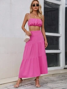 SHEIN VCAY Bộ đồ hai mảnh nữ Viên lá sen Dải chun màu trơn Boho - Màu Hồng Tươi - Xem 3