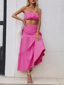 SHEIN VCAY Bộ đồ hai mảnh nữ Viên lá sen Dải chun màu trơn Boho - Màu Hồng Tươi - Xem 4