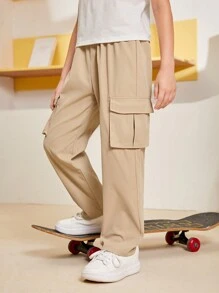 SHEIN Tween Boy休閒寬鬆修身卡其褲,帶有3d口袋