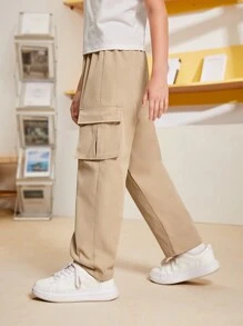 SHEIN Tween Boy休閒寬鬆修身卡其褲,帶有3d口袋