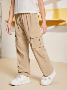 SHEIN Tween Boy休閒寬鬆修身卡其褲,帶有3d口袋