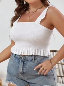 SHEIN VCAY 大碼荷葉邊吊帶上衣 - 白色 - 查看 3