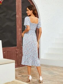 Maternidad Vestido con estampado floral bajo con fruncido - Celeste - Ver 2