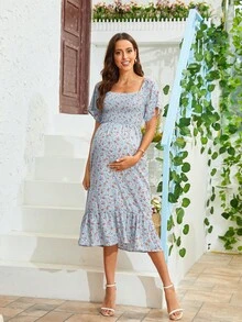 Maternidad Vestido con estampado floral bajo con fruncido - Celeste - Ver 4