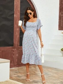 Maternidad Vestido con estampado floral bajo con fruncido - Celeste - Ver 5