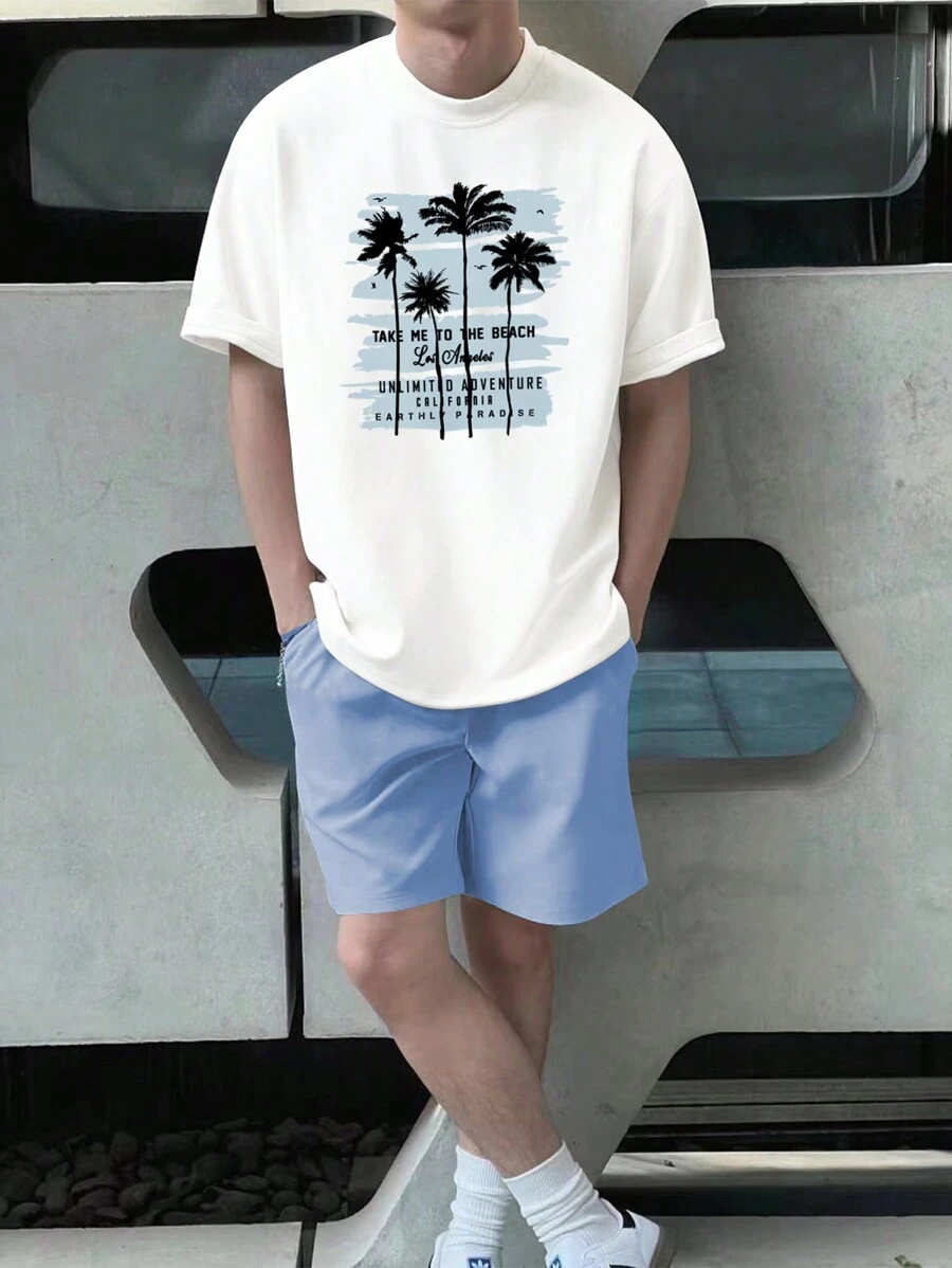 Manfinity Hypemode Men Tropical Print Tee & Drawstring Waist Shorts - Blue and White - View 1