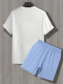 Manfinity Hypemode Men Tropical Print Tee & Drawstring Waist Shorts - Blue and White - View 3