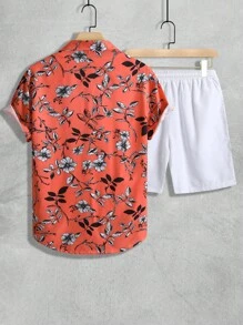 Manfinity RSRT 男士印花襯衫和腰部抽繩短褲 - 紅白色 - 查看 3