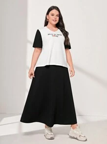 Mulvari Talla grande Falda con camiseta con estampado de slogan de color combinado - Blanco y Negro - Ver 1