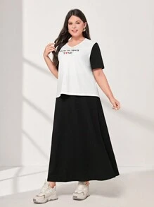 Mulvari Talla grande Falda con camiseta con estampado de slogan de color combinado - Blanco y Negro - Ver 5