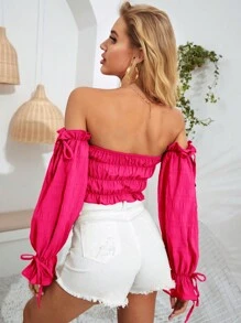 SHEIN Privé 一字肩褶邊喇叭袖短款上衣 - 玫紅色 - 查看 2