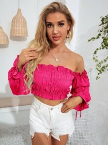 SHEIN Privé 一字肩褶邊喇叭袖短款上衣 - 玫紅色 - 查看 6