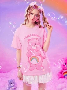 ROMWE X Care Bears Cartoon Graphic Drop Shoulder Tee - Pink - View 5