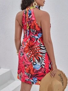 SHEIN VCAY Plus Tropical Print Halter Neck Dress - Multicolor - View 3