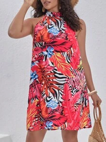 SHEIN VCAY Plus Tropical Print Halter Neck Dress - Multicolor - View 4