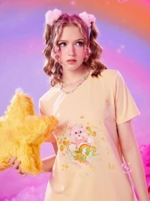 ROMWE X Care Bears Cartoon Bear & Heart Graphic Tee - Yellow - View 3