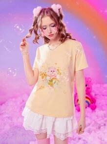 ROMWE X Care Bears Cartoon Bear & Heart Graphic Tee - Yellow - View 4