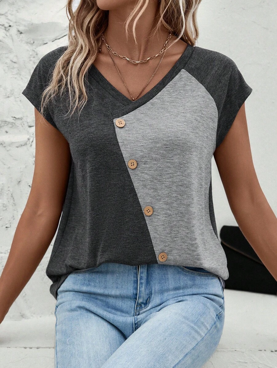 SHEIN LUNE 雙色紐扣細節插肩袖T恤 - 彩色 - 查看 1