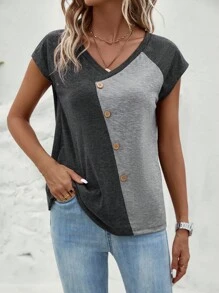 SHEIN LUNE 雙色紐扣細節插肩袖T恤 - 彩色 - 查看 5