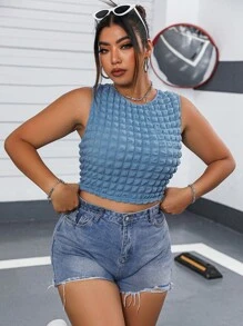 Flirla 大碼素色短款背心 - 淺藍色 - 查看 5