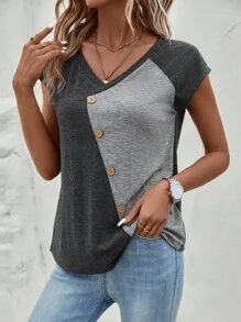 SHEIN LUNE 雙色紐扣細節插肩袖T恤 - 彩色 - 查看 3