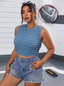 Flirla 大碼素色短款背心 - 淺藍色 - 查看 6