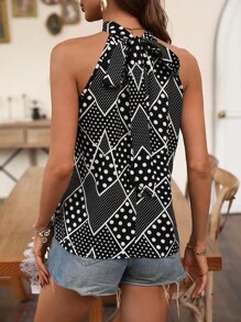 Breezaya Polka Dot & Geo Print Tie Back Halter Neck Blouse - Black and White - View 2
